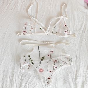Mesh embroidered lingerie set